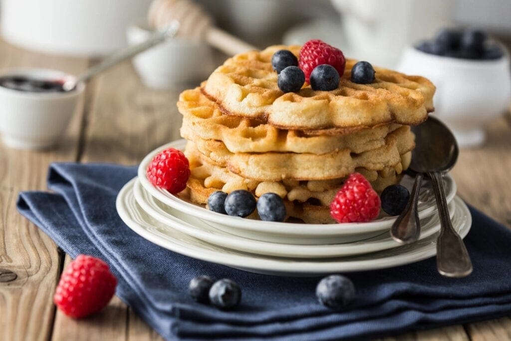 A stack of waffles with berries on top.